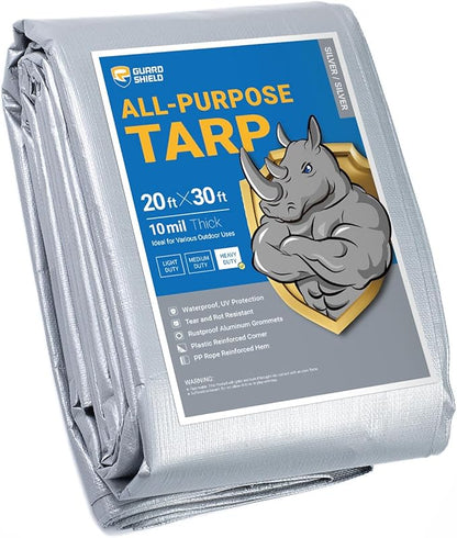 GUARD SHIELD Heavy Duty Tarp 20x30 Feet Silver Multi Purpose Thick Waterproof Poly Tarp Cover 10mil