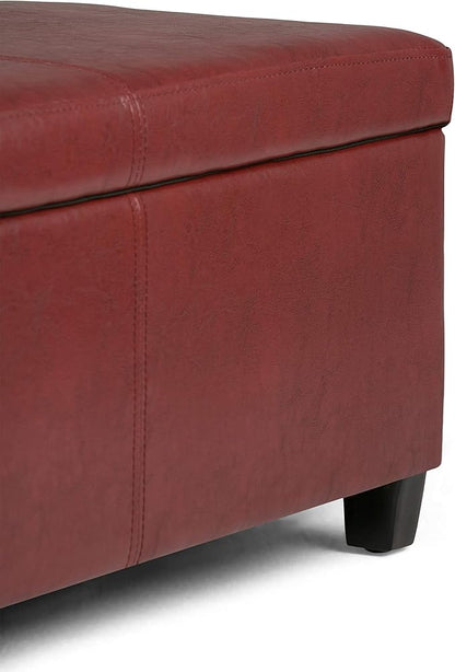 SIMPLIHOME Avalon 48 inch Wide Contemporary Rectangle Storage Ottoman Bench in Red Vegan Faux Leather, Assembled, for the Living Room, Entryway and Family Room
