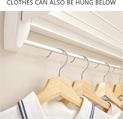 JOOM Laundry Drying Rack Collapsible, Wall Mounted Drying Rack, Clothes Drying Rack, Retractable Drying Racks, 27.5" Wide, 5 Aluminum Rods with Hooks, 60 lb Capacity (White 27.5" with Hooks)
