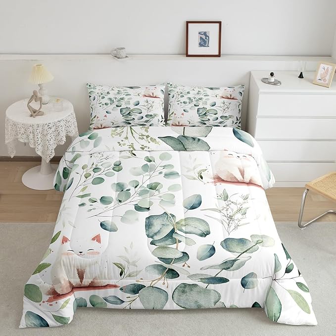 Erosebridal Kawaii Cat Queen Size Comforter Set for Boys Girls Cartoon Animal Bedding Set, Eucalyptus Leaves Down Comforter Pet Kitten Bed Set, Tropical Botanical Plants Quilted Duvet