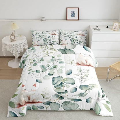 Erosebridal Kawaii Cat Queen Size Comforter Set for Boys Girls Cartoon Animal Bedding Set, Eucalyptus Leaves Down Comforter Pet Kitten Bed Set, Tropical Botanical Plants Quilted Duvet