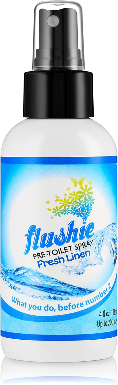 Flushie Pre-Toilet Spray for Poop Travel Size Toiletries Bathroom Spray for Poop Spray for Toilet Deodorizer Traveling Essentials Poop deodorizer Poop Odor eliminator 4oz (Linen, 4 Pack)