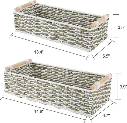 OIAHOMY Toilet Paper Baskets Handmade Paper Rope Decorative Wicker Storage Tank Shelf Cabinet Organizer for Bathroom Home, Set of 2, Green & White