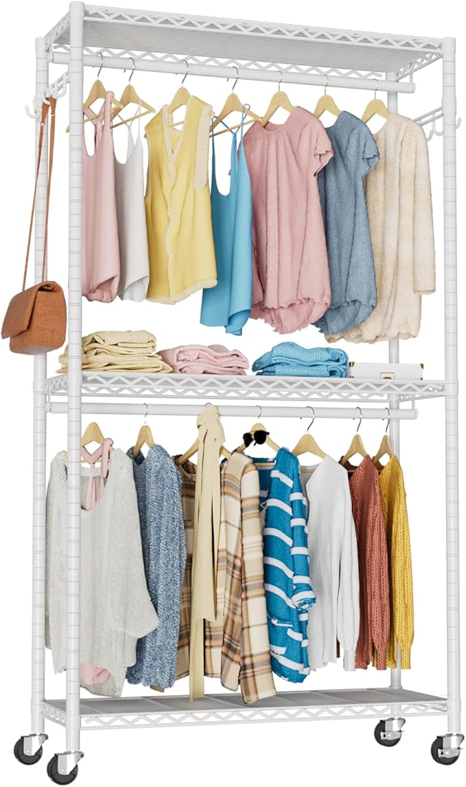 Clothes Rack, Clothing Rack for Hanging Clothes, 3 Tiers Adjustable Heavy Duty Closet Organizer with Wheels | Double Rods | Side Hooks | Load 445lbs | 35.43" L x 15.7" W x 78.34" H | White