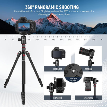 NEEWER 77" Camera Tripod Monopod with Cell Phone Holder Compatible with iPhone for Video Recording, Compact Aluminum Lightweight Travel Stand with Ball Head QR Plate Bag Cleaning Cloth, Max Load 34lbs