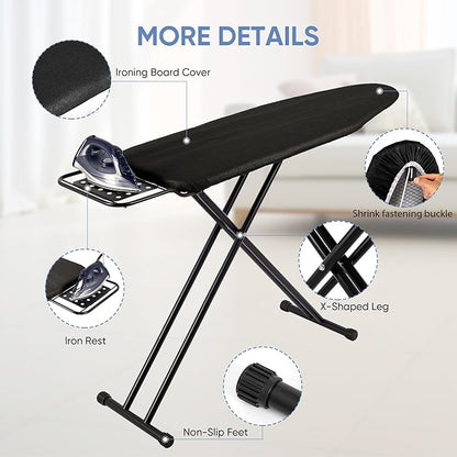 Full Size Ironing Board 47" X 15" with Heat Resistant Cover and Thicken Felt Pad, Safety Iron Rest, Anti-Skid Feet, Height Adjustable, Heavy Duty,Black