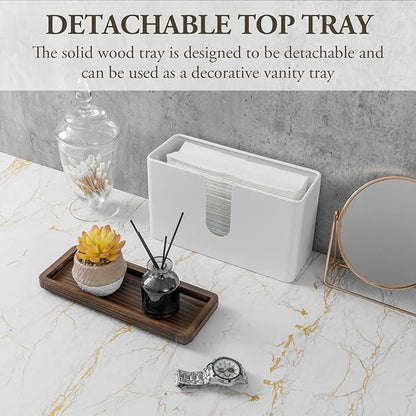 MyGift Deluxe Modern Matte White Metal Folded Commercial Paper Towel Holder with Rustic Burnt Solid Wood Tray Lid, Wall Mounted Trifold Multifold Z Fold Disposable Napkin Dispenser