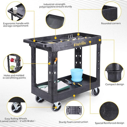 ELAFROS Heavy Duty Plastic Utility Cart 34 x 17 Inch - Work Cart Tub Storage W/Deep Shelves and Full Swivel Wheels Safely Holds up to 550 lbs - 2 Tier Service Cart for Warehouse,Garage, Cleaning