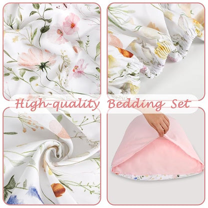 Toddler Bedding Set for Girls, 4 Piece Floral Toddler Comforter Set, Ultra Soft Baby Girl Crib Bed Bedding Includes Quilted Comforter, Flat Sheet, Fitted Sheet, Pillowcases, Pink Flower