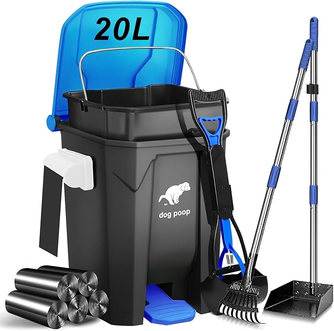 Dog Poop Trash Can Outside with Pooper Scooper and Metal Rake & Tray, 20L/5Gal Dog Waste Trash Can with Lid, Pedal and Removable Inner Waste Bin, Pet Poop Bin with 100 Bags, Blue