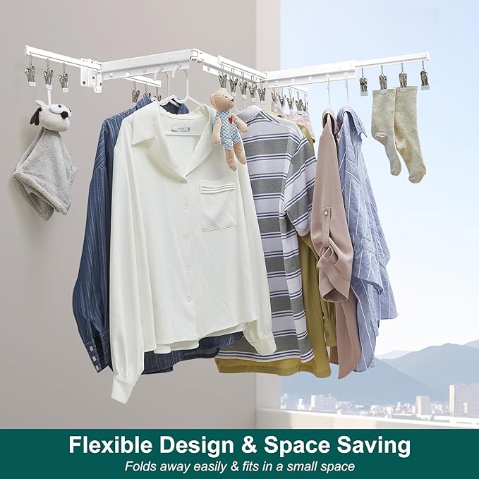 Hoimpro White 51" Clothes Drying Rack Retractable Foldable Wall Mounted, Tri-Fold Space Saving Collapsible for Hanging Clothing Coat, Ideal for Patio, Laundry Room Organization and Storage, Bathroom