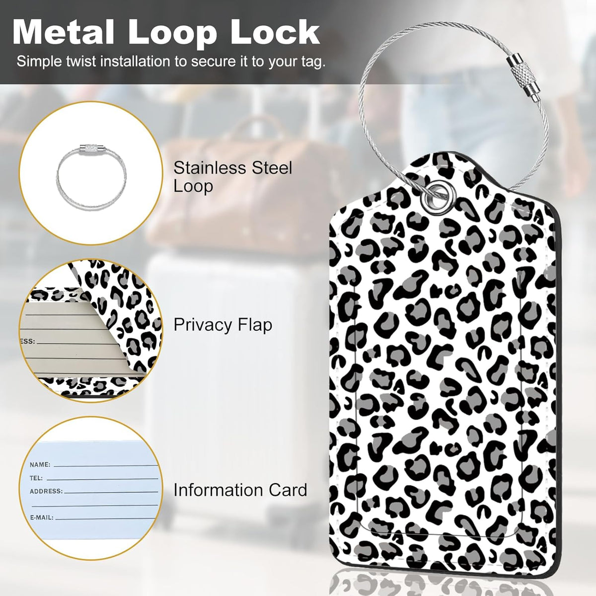 2Pack Luggage Tags for Suitcases, Cute Unique Pu Leather Cruise Luggage Tag with Privacy Cover ID Label Address Card and Metal Ring Suitable for Women Men Kids Travel Bag Gray Leopard Print