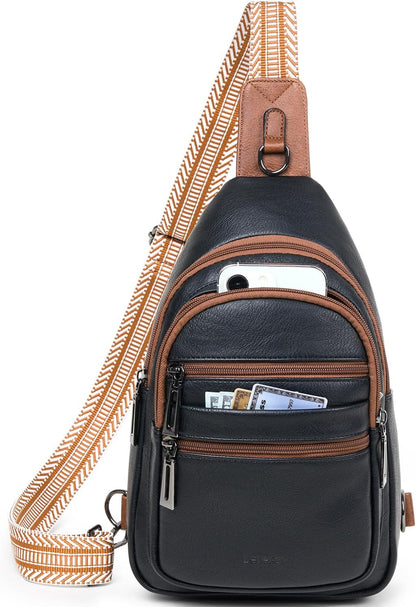 Sling Bag for Women Crossbody Fanny Pack Belt Bag Sling Purse Vegan Leather Trendy Travel Anti Theft Brown/Black