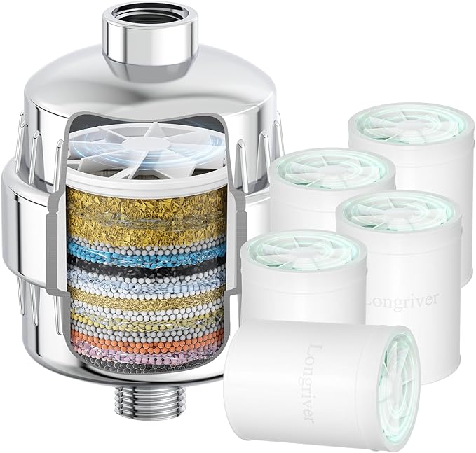 R7 Shower Filter with 5 Replacement Cartridge High Put Shower Water Filter for Hard Water 99.99% Remove Chlorine, Heavy Metals, Shower Water Softener, Improve your skin and hair, Chrome