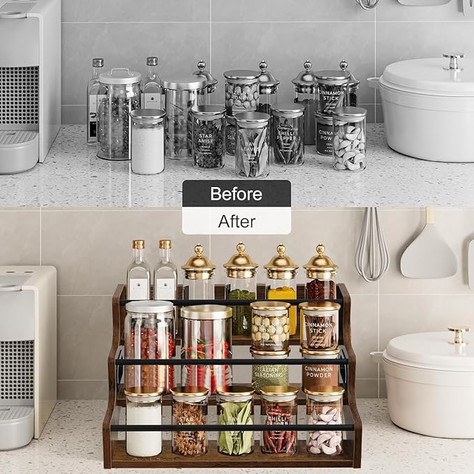 AT-VALY 3-Tier Spice Rack, Iron&MDF Kitchen Storage Shelf, Space-Saving Countertop Organizer for Spices, Herbs, Seasonings, Sturdy Stylish Condiment Holder,Countertop Wine Rack (Rustic Brown)