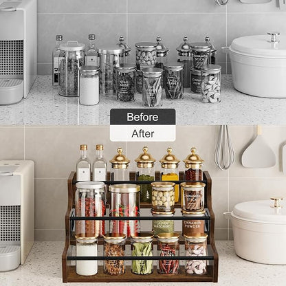 AT-VALY 3-Tier Spice Rack, Iron&MDF Kitchen Storage Shelf, Space-Saving Countertop Organizer for Spices, Herbs, Seasonings, Sturdy Stylish Condiment Holder,Countertop Wine Rack (Rustic Brown)