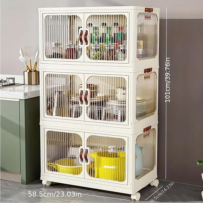 Multi-Purpose Stackable Plastic Storage Bins with Wheels & Lids - Space-Saving Foldable & Collapsible Organizers for Home, Pantry, Office, Dorm, Craft Room & Closet (3 Layers)