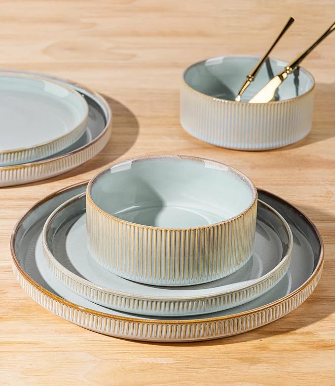Ceramic Dinnerware Set for 8, 24-Piece Plates and Bowls Set | Lightweight