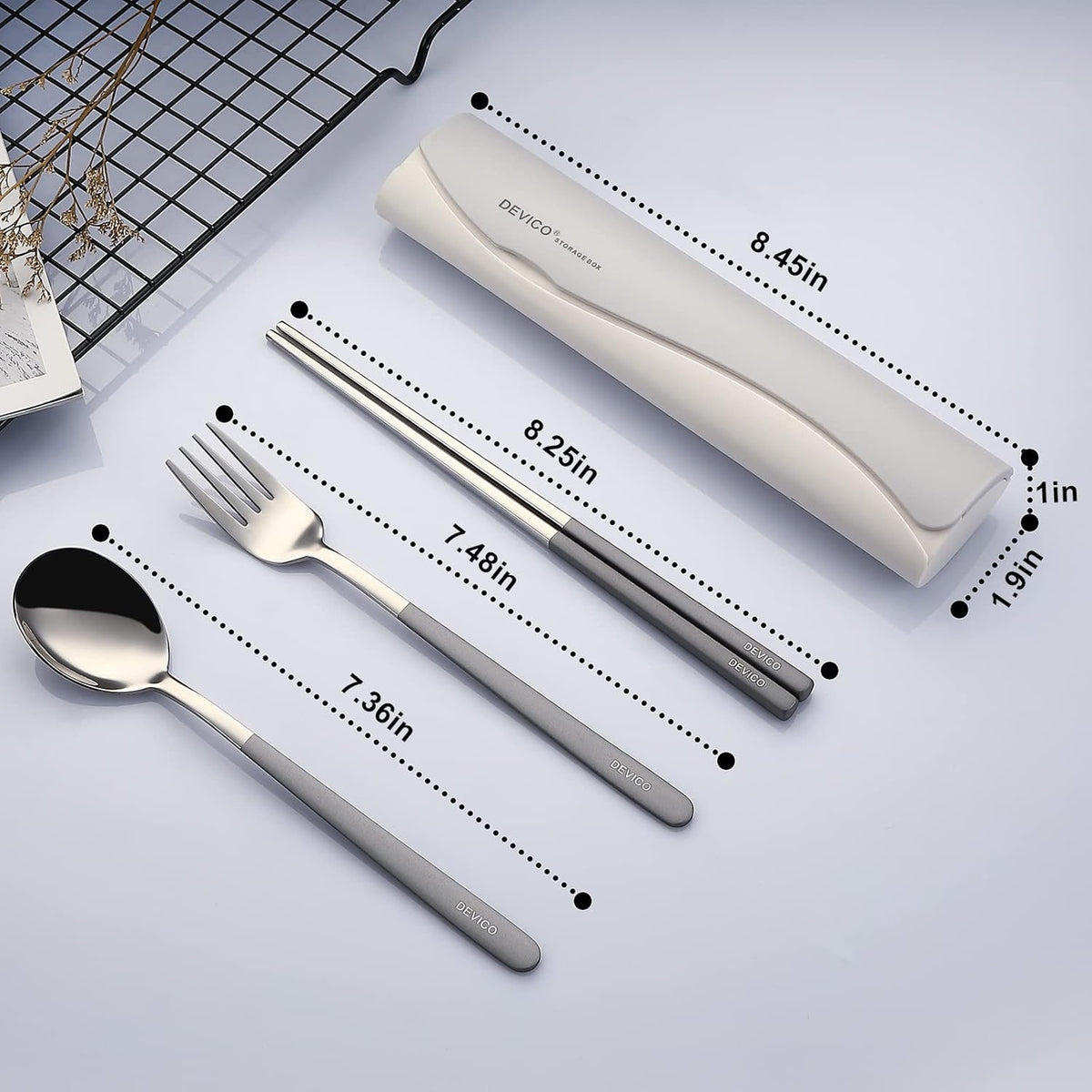 DEVICO Portable Travel Utensils with Case, Reusable Camping Silverware for Lunch, 18/8 Stainless Steel Cutlery Set (Gray)