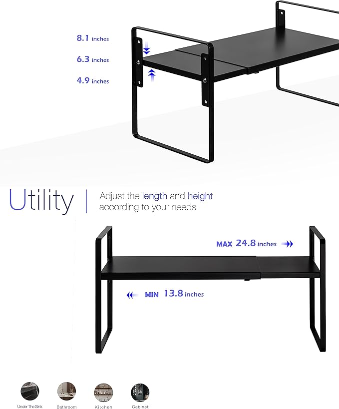 Nxconsu Cabinet Shelf Expandable Height Adjustable Organizer Riser for Kitchen Cabinet Pantry Cupboard Under Sink Countertop Organization Storage Space Saver Stackable Heavy Duty Metal Black