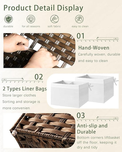 Storage Basket with Lid Wicker Baskets for Storage with 2 Separate Lid 42.3 Gallon (160 L) 29.9 x 17.3 x 18.1 Inches Rattan Woven Large Wicker Basket with 2 Liners for Bedroom Laundry Brown
