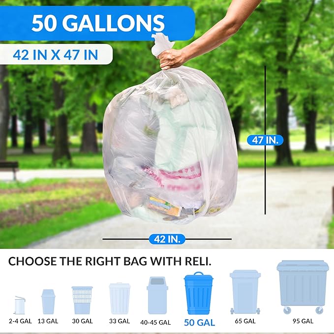 Reli. Premium 50 Gallon Trash Bags | 200 Count | Made in USA | Heavy Duty | Bulk | SuperValue | Clear Multi-Use Garbage Bags