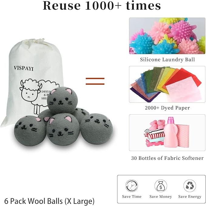 Dryer Balls Laundry Reusable - XL Wool Dryer Balls - Handmade Cute Cat Shape 6 Pack, Extra Large Dryer Balls, Shorten Drying Time, Organic Wool - Dry 1000+ Loads