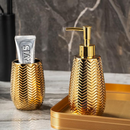Gold Bathroom Accessories 3pcs Stylish Bathroom Accessories Set Gold Soap Dispenser Pump, Tumbler and Soap Dish Modern Decor Wavy Design Ceramic Bathroom Accessory Set
