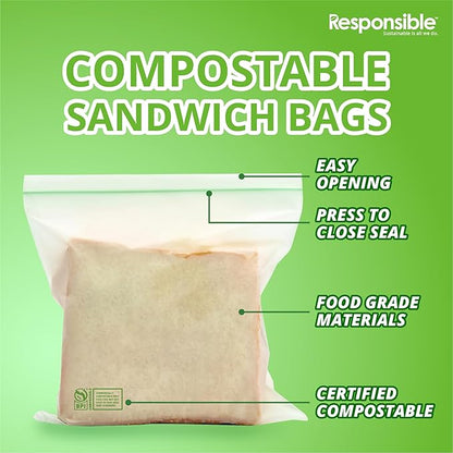 Responsible Products Certified Compostable SANDWICH Resealable Zip Bag, Extra Strength Food Bags, Made from Plant Materials (136 Pack)