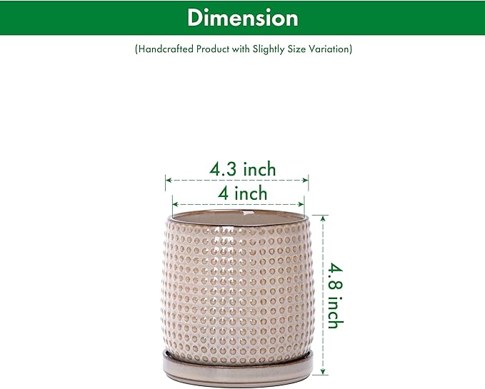 D'vine Dev 4 Inch Ceramic Beaded Stoneware Planter Pot - Flower Pot with Drainage Holes and Saucers for Indoor Succulent Plants or Flowers, Light Brown, 27-C-Z-4