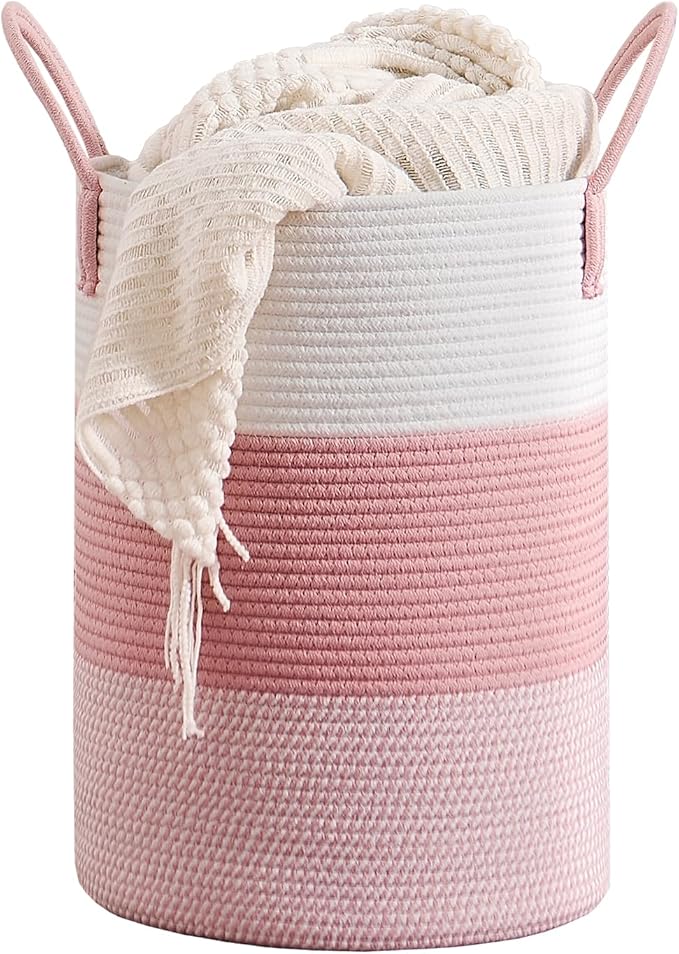 CLHMILY&Z 40L Laundry Basket Round Storage Rope Basket - 13x18 Inches - Pink Hamper in Bedreoom and Cute Storage Bin for Blankets, Toys, and Nursery Essentials
