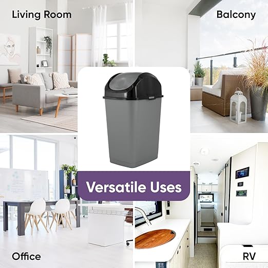 Superio Trash Can with Swing Top Lid 9 Gallon, Grey and Black Slim Waste Bin Durable Plastic 37 Qt Fit Small Spaces, Office, Bathroom, Under