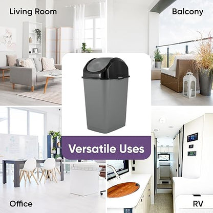 Superio Trash Can with Swing Top Lid 9 Gallon, Grey and Black Slim Waste Bin Durable Plastic 37 Qt Fit Small Spaces, Office, Bathroom, Under