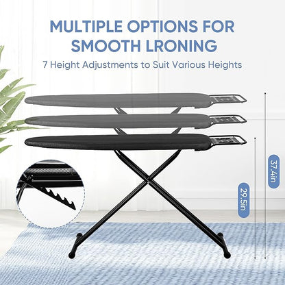 Full Size Ironing Board 47" X 15" with Heat Resistant Cover and Thicken Felt Pad, Safety Iron Rest, Anti-Skid Feet, Height Adjustable, Heavy Duty,Black