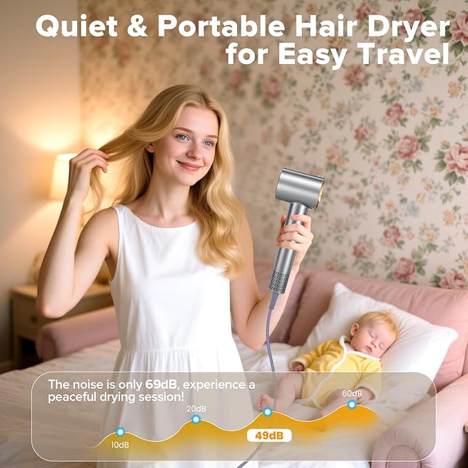 Hair Dryer, 150,000 RPM Brushless Motor, Ultra-Fast Drying with 3 Heat Settings & LED Lights, Negative Ion Technology, Quiet Lightweight Blow Dryer with Diffuser & Nozzle for Home, Salon, Travel Use