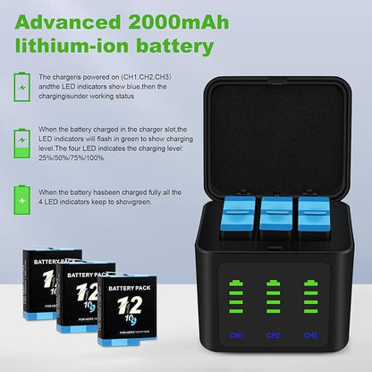 Battery Charger Kits for GoPro Hero 12 11 10 9 Black, 3-Pack 2000mAh Replacement Batteries + Triple Charge Case with Type-C Charging Cord for Go Pro 12 11 10 9 Official Batteries Accessories