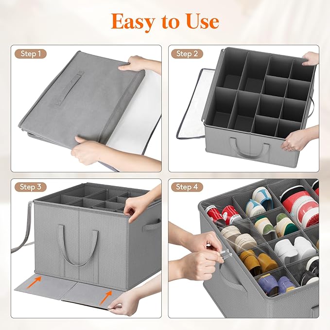 Lifewit Shoe Storage Organizer for Closet Fits 12-16 Pairs, Fabric Large Shoe Box Storage Containers with Clear Cover, Foldable Bins Fit for Boots Sneakers 17"(L) x 17"(W) x 12.5"(H) 2 Pack Light Gray
