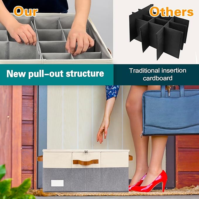 Shoe Organizer for Closet, Foldable Shoe Storage Bins with Clear Cover, Space Saving Shoes Holder with 4 Handles, Large Adjustable Shoe Box Storage Containers, Fits 12-24 Pairs, 1 Pack, Beige