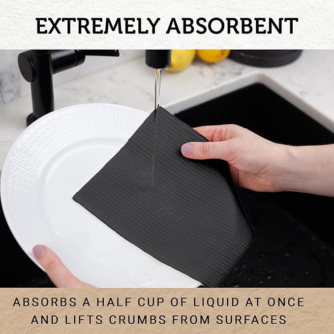 Nordhus Design Swedish Dishcloths, Black Charcoal/Dark Grey, 10-Pack, Reusable, Washable Cellulose Cotton Kitchen Cloths - Replace Paper Towels, Wipes, Sponges, Dish Rags