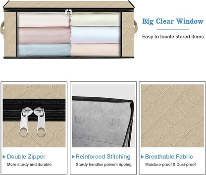 HomeHacks Storage 10-Pack Clothes Organizer Storage Bags Foldable Storage Box with Large Clear Window Sturdy Handles for Closet, Dorm, Pillows, Bedding, Clothes, Blankets, 35L, Beige