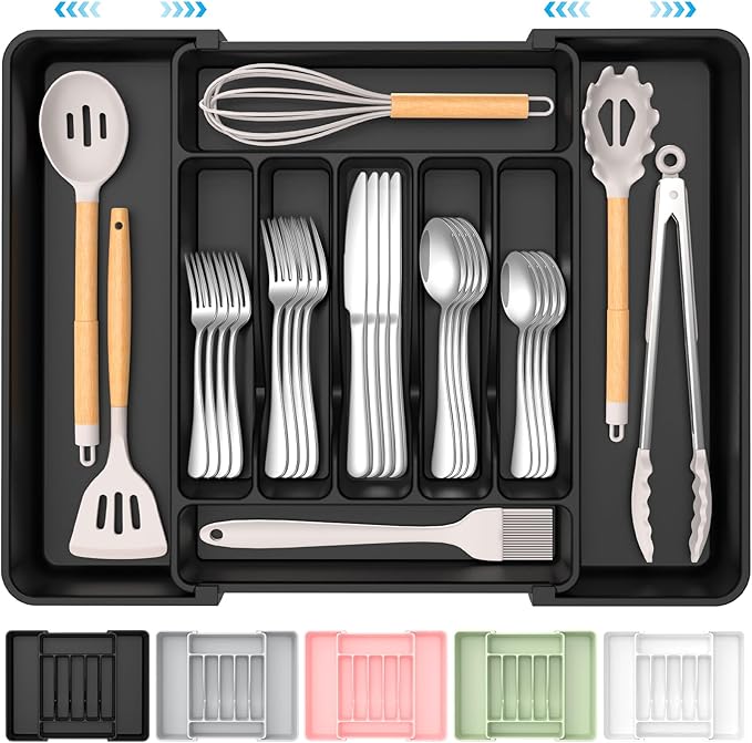 Extra Large Expandable Silverware Organizer, BPA-Free Food-Safe Cutlery Flatware Organizer, Kitchen Utensil Drawer Organizer, Adjustable Silverware Holder for Spoons Forks Knives, Black