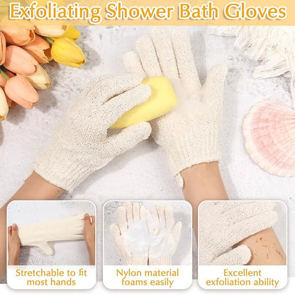 Anezus Exfoliating Back Scrubber Bath Gloves Set, Exfoliating Shower Towel with Shower Gloves for Body Scrub, Back Cleaner Wash Gloves to Remove Dead Skin (Beige)