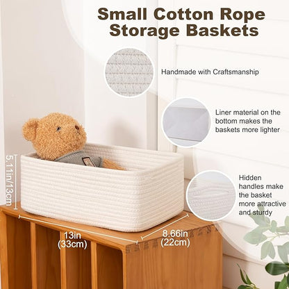 3 Pack Small Storage Baskets for Organizing, Cute Woven Decorative Gift Baskets for Shelves, Mini Closet Organizer Bins with Handles-13''Lx8.66''Wx5.11''H-White
