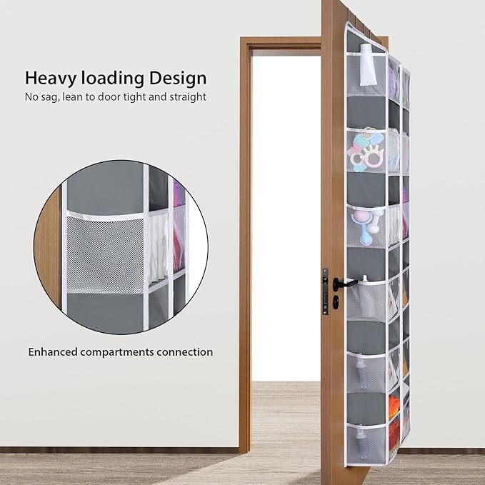 Univivi Over the Door Organizer 6 Tiers, Extra Large Door Hanging Organizer with Clear Deep Pockets Over the Door Storage for Closet, Bedroom, Nursery, Bathroom and Pantry (Grey)