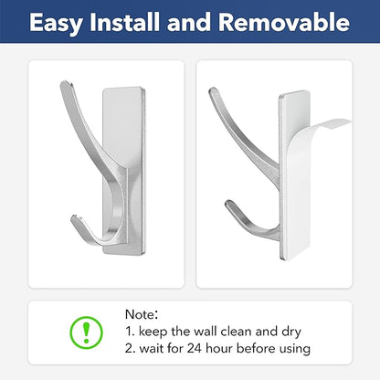 Self-Adhesive Coat Hooks for Hanging - Heavy Duty Stainless Double Wall Hook for Towel, Backpack, Hat, Sturdy Metal Hanger for Bathroom, Bedroom, Door, Wall Mounted, 10-Pack, Silver