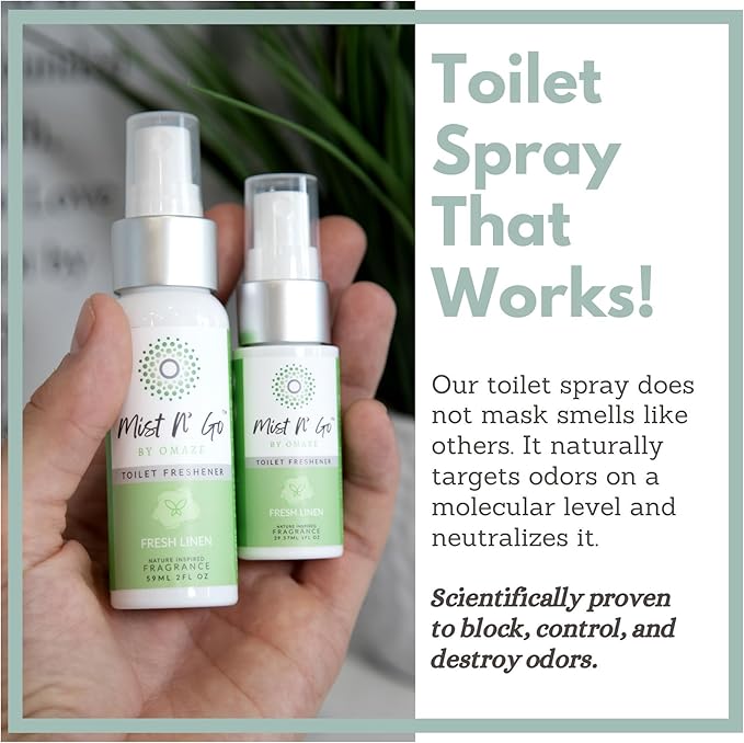 Mist N’ Go by Omaze Travel Bathroom Spray for Toilet Spray Odor Eliminator - Travel Toilet Spray for Bathroom Air Freshener Spray for Bathroom Deodorizer - Fresh Linen Regular Size (2oz x3)