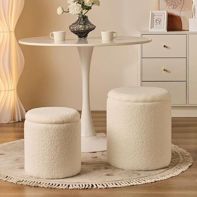 Round Ottoman with Storage Set of 2-Upholstered Sherpa Vanity Stool for Makeup Multifunctional Ottomans Coffee Table Padded Seat Foot Rest for Living Room&Bedroom(Sherpa White)