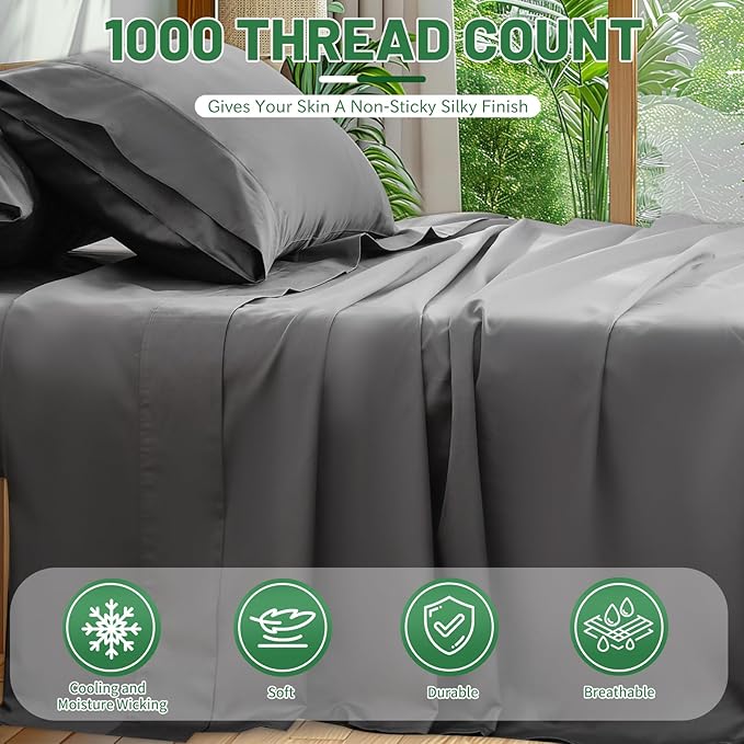 100% Egyptian Cotton Sheets Cal King Sheet Set 4PCS 1000 Thread Count Sateen Weave Soft Breathable 16-Inch Deep Pocket（California King,Dark Grey）