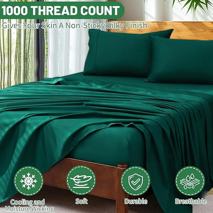 Extra Deep Pocket King Sheets 18-24 Inch 1000 Thread Count 100% Egyptian Cotton Sateen Weave Soft Breathable 4 Pieces（King，Dark Green）