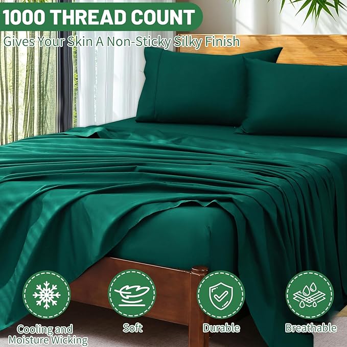 Extra Deep Pocket King Sheets 18-24 Inch 100% Egyptian Cotton 1000 Thread Count Sateen Weave Soft Breathable 4 Pieces（King，Dark Green）